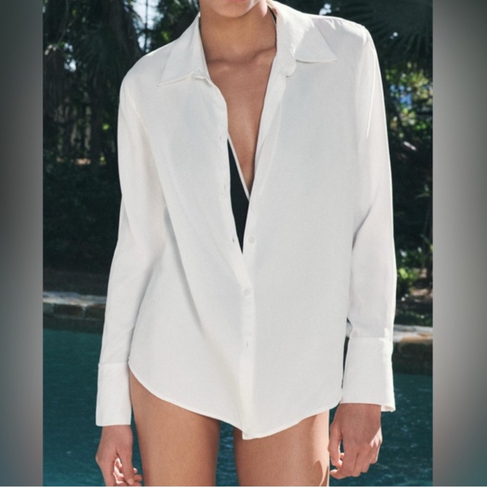 Zara White Flowy Basic Button Down - image 1